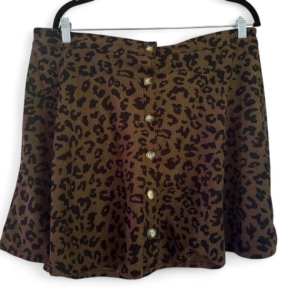 Leopard Print Corduroy Mini Skirt Women's 1XL Button Front Brown - Picture 1 of 4